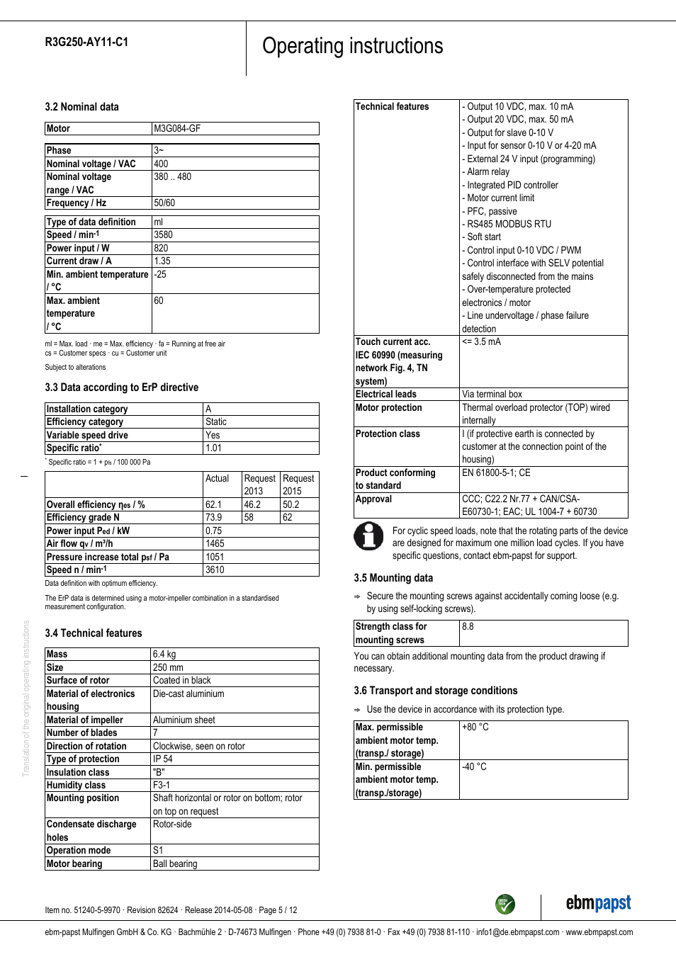 Operating instructions | ebm-papst R3G250-AY11-C1 User Manual | Page 5 / 12