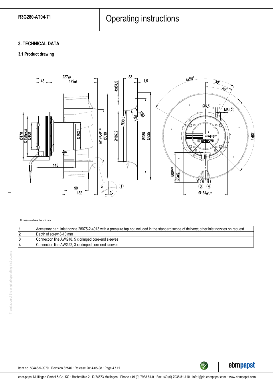 Operating instructions | ebm-papst R3G280-AT04-71 User Manual | Page 4 / 11