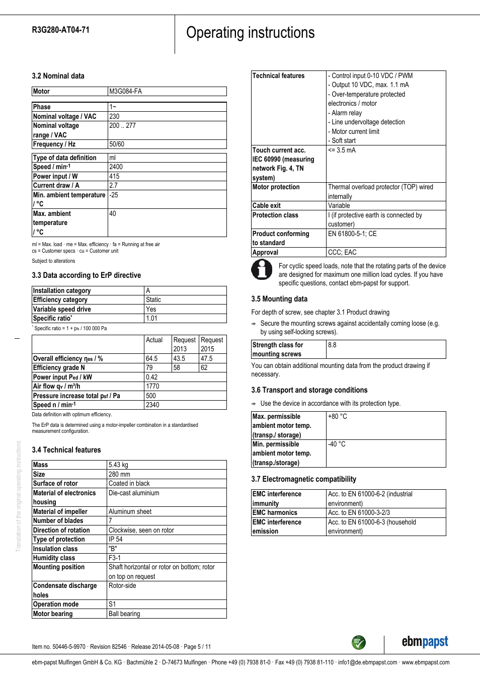 Operating instructions | ebm-papst R3G280-AT04-71 User Manual | Page 5 / 11