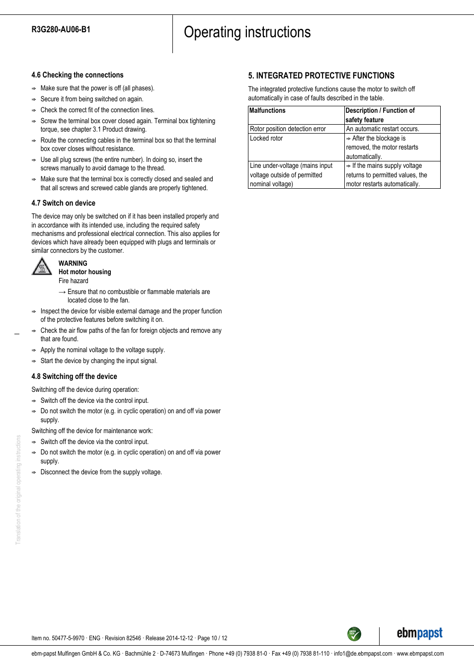Operating instructions | ebm-papst R3G280-AU06-B1 User Manual | Page 10 / 12