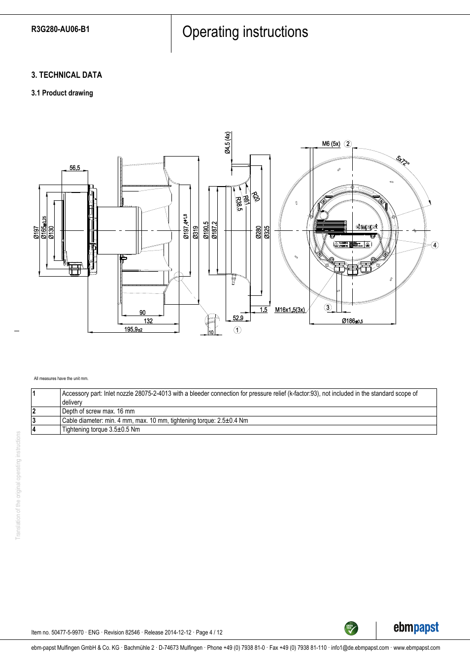 Operating instructions | ebm-papst R3G280-AU06-B1 User Manual | Page 4 / 12
