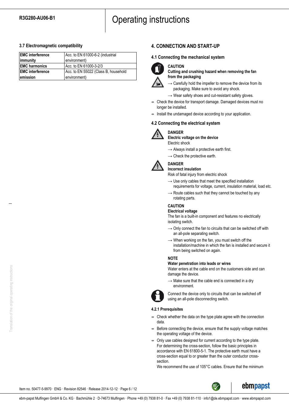 Operating instructions | ebm-papst R3G280-AU06-B1 User Manual | Page 6 / 12