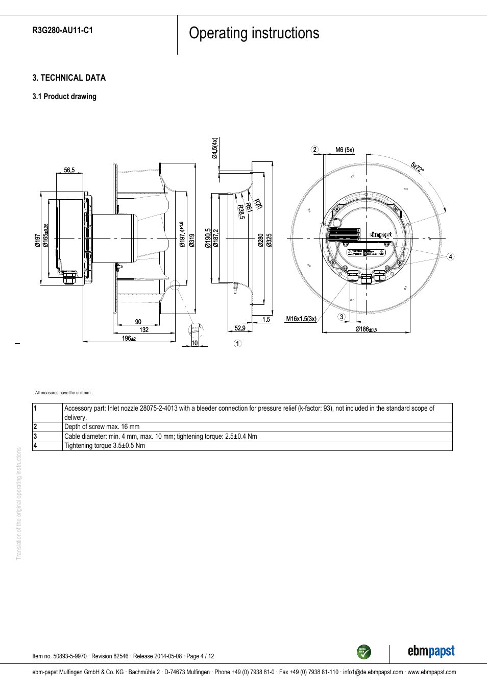 Operating instructions | ebm-papst R3G280-AU11-C1 User Manual | Page 4 / 12
