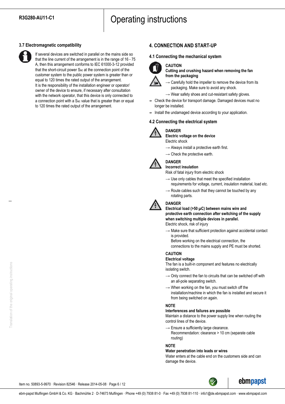 Operating instructions | ebm-papst R3G280-AU11-C1 User Manual | Page 6 / 12
