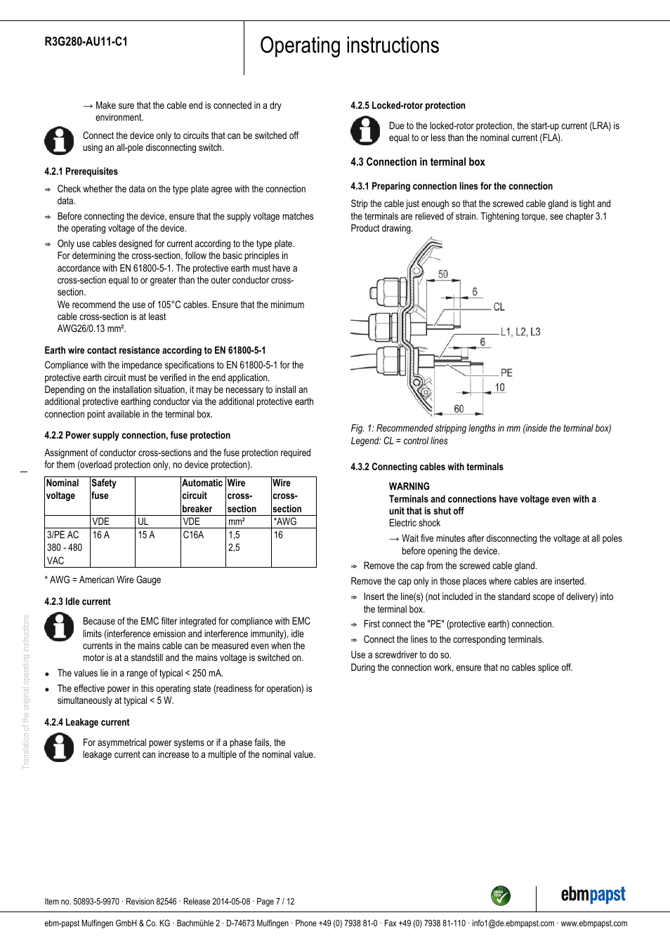 Operating instructions | ebm-papst R3G280-AU11-C1 User Manual | Page 7 / 12
