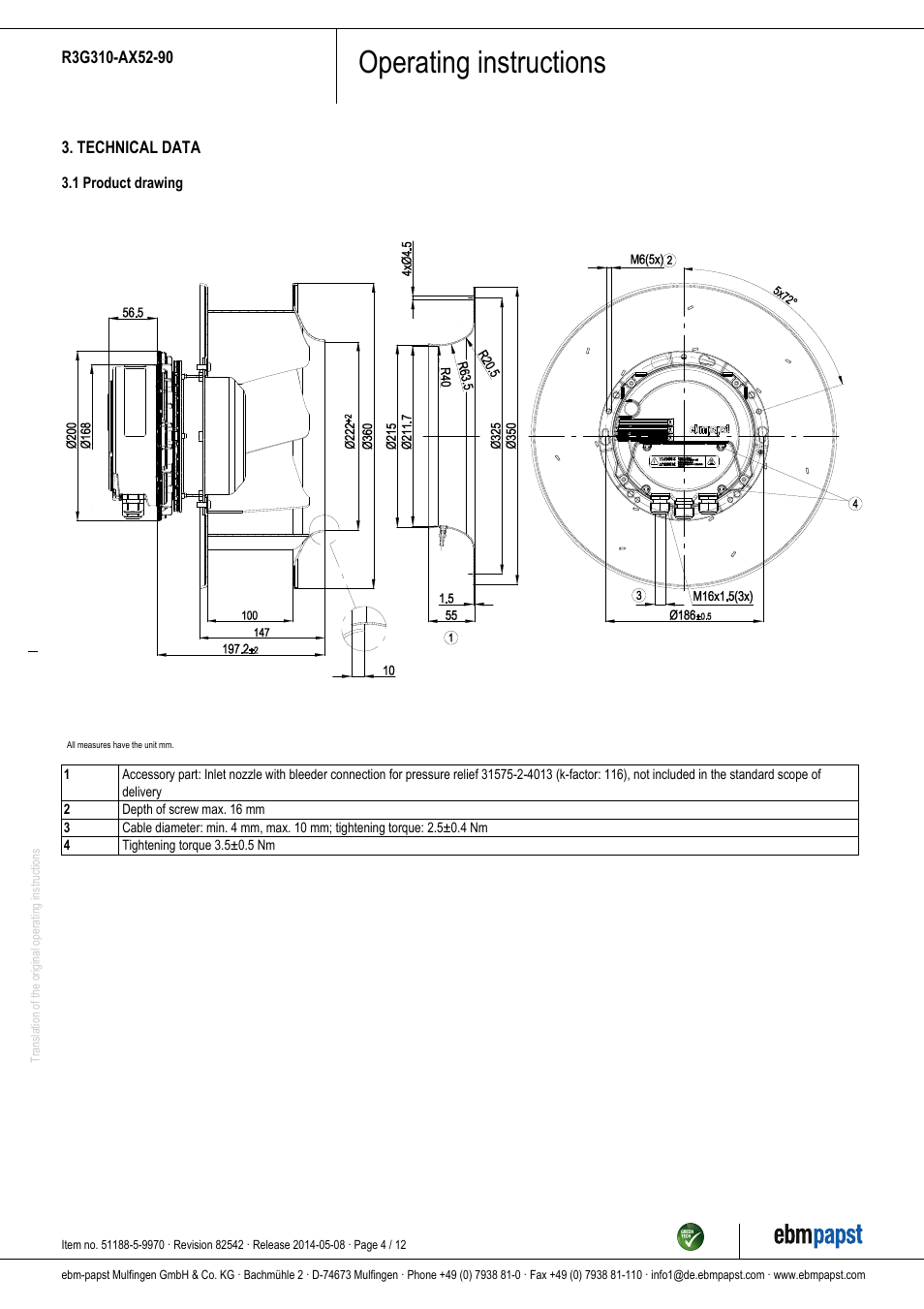 Operating instructions | ebm-papst R3G310-AX52-90 User Manual | Page 4 / 12