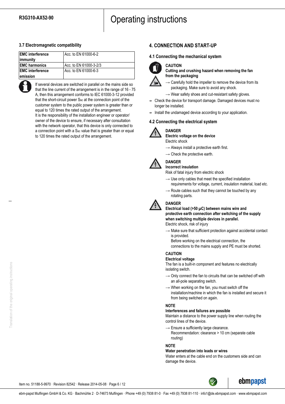 Operating instructions | ebm-papst R3G310-AX52-90 User Manual | Page 6 / 12