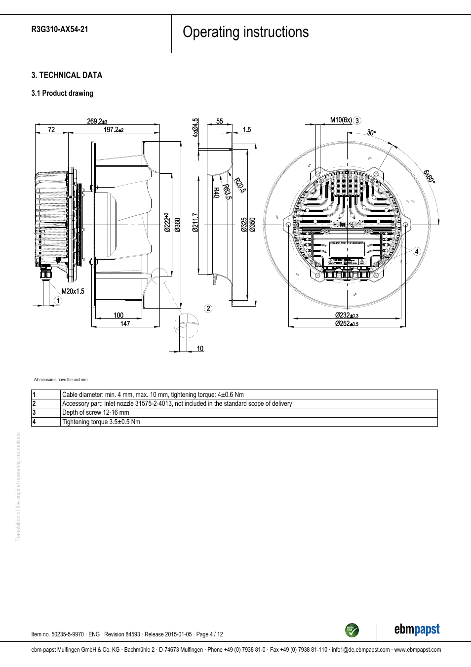 Operating instructions | ebm-papst R3G310-AX54-21 User Manual | Page 4 / 12