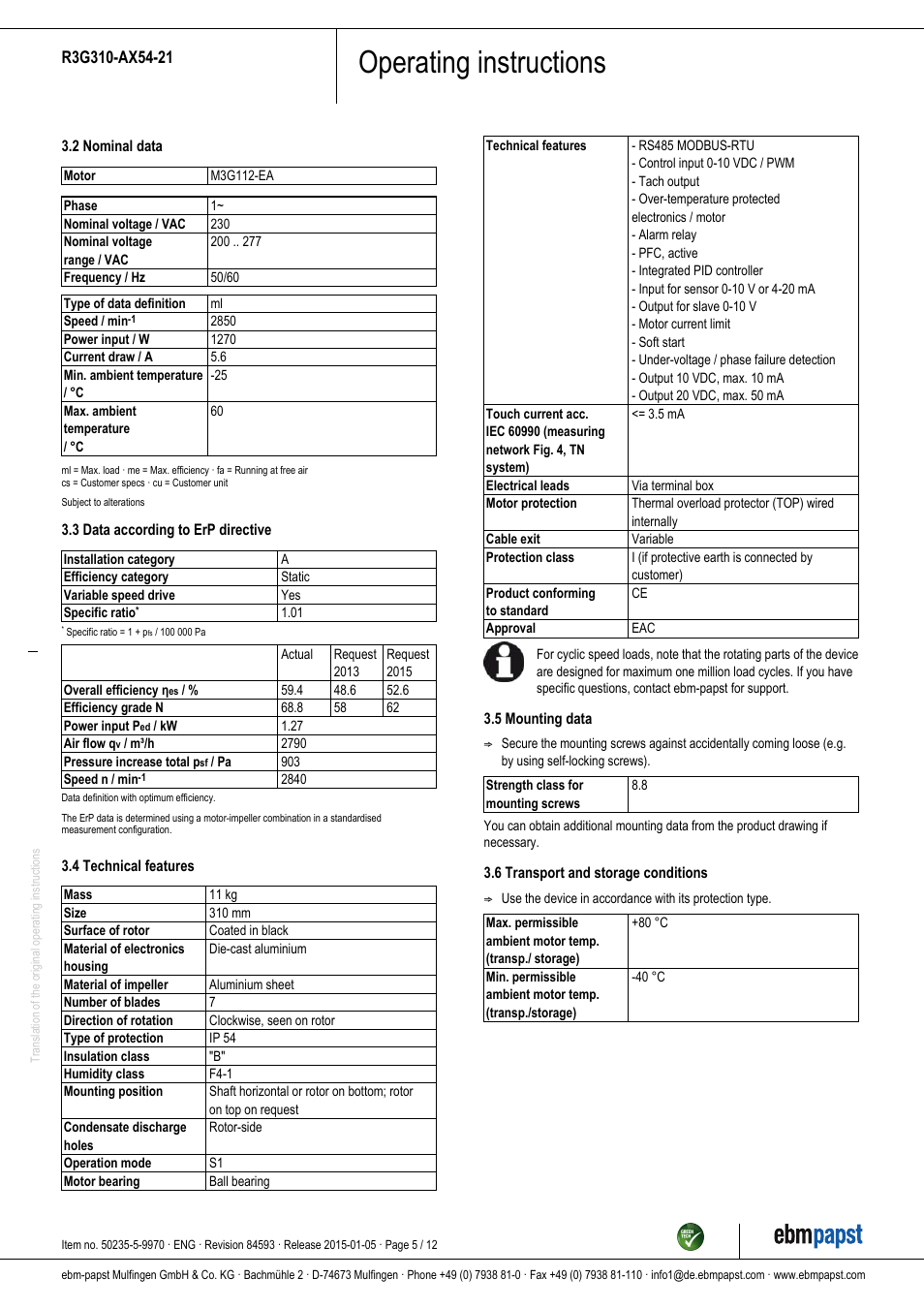 Operating instructions | ebm-papst R3G310-AX54-21 User Manual | Page 5 / 12