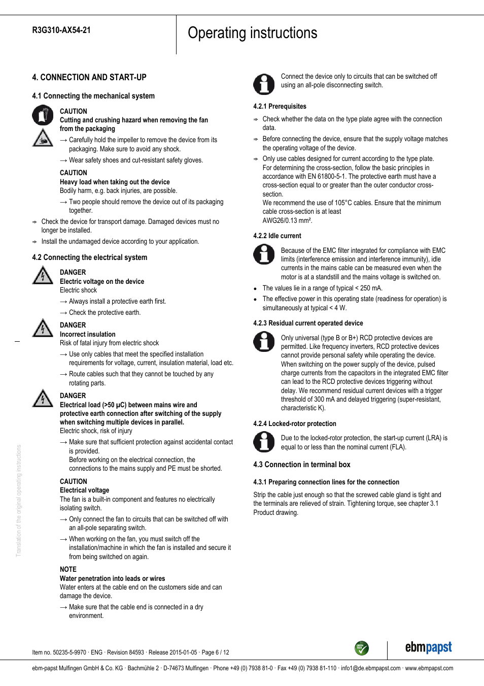 Operating instructions | ebm-papst R3G310-AX54-21 User Manual | Page 6 / 12