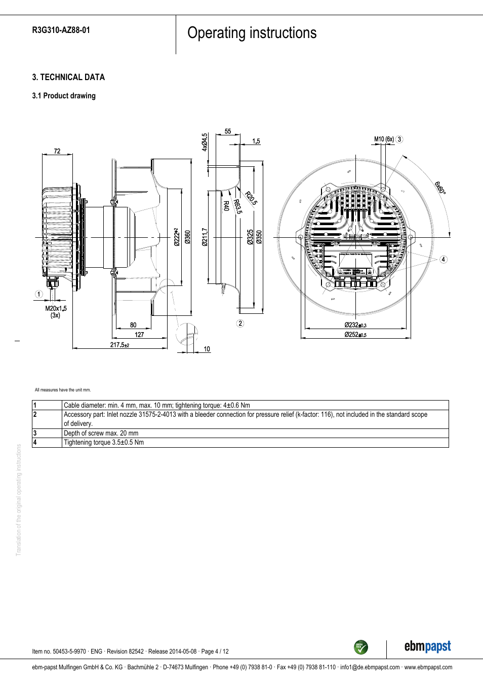 Operating instructions | ebm-papst R3G310-AZ88-01 User Manual | Page 4 / 12
