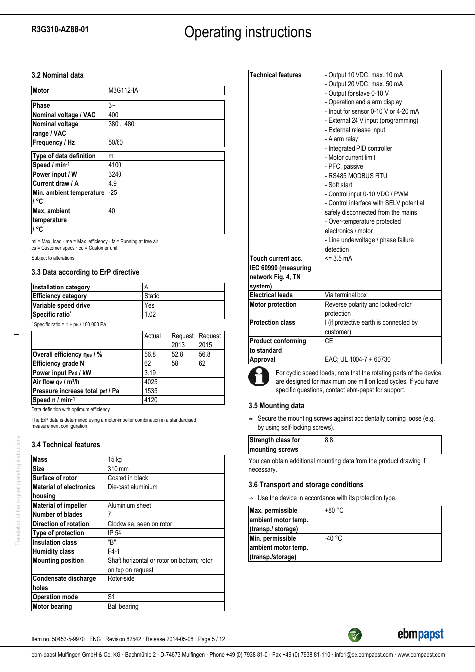 Operating instructions | ebm-papst R3G310-AZ88-01 User Manual | Page 5 / 12