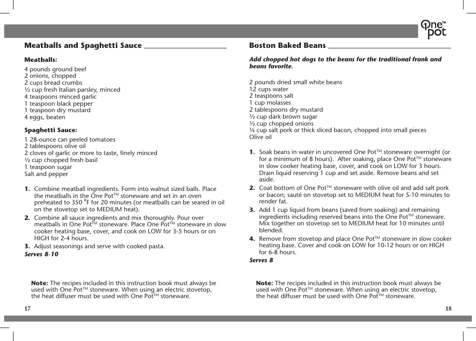 Meatballs and spaghetti sauce, Boston baked beans | Crock-Pot OnePot User Manual | Page 10 / 27