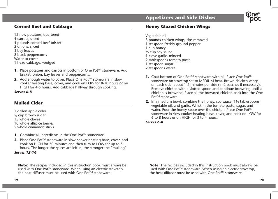 Appetizers and side dishes, Corned beef and cabbage, Mulled cider | Honey glazed chicken wings | Crock-Pot OnePot User Manual | Page 11 / 27