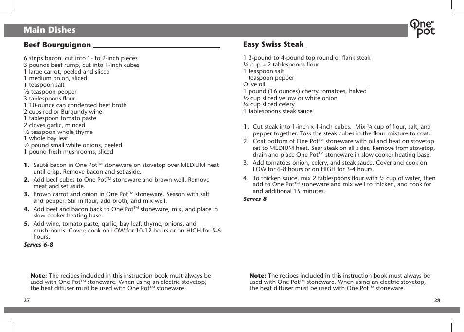 Main dishes, Beef bourguignon, Easy swiss steak | Crock-Pot OnePot User Manual | Page 15 / 27