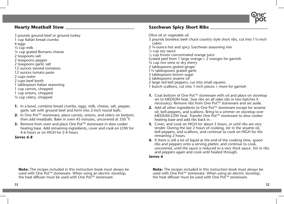 Hearty meatball stew, Szechwan spicy short ribs | Crock-Pot OnePot User Manual | Page 17 / 27