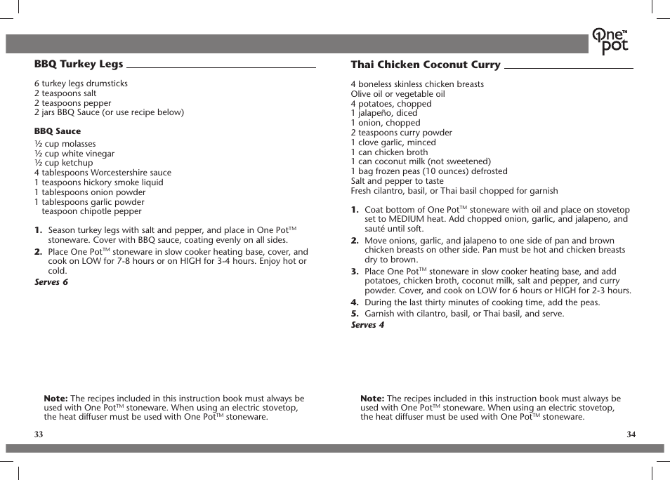 Bbq turkey legs, Thai chicken coconut curry | Crock-Pot OnePot User Manual | Page 18 / 27