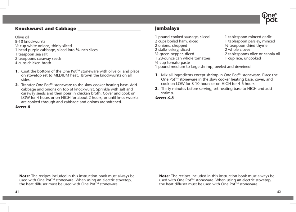 Knockwurst and cabbage, Jambalaya | Crock-Pot OnePot User Manual | Page 22 / 27