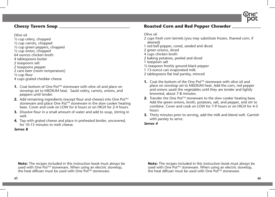 Cheesy tavern soup, Roasted corn and red pepper chowder | Crock-Pot OnePot User Manual | Page 24 / 27