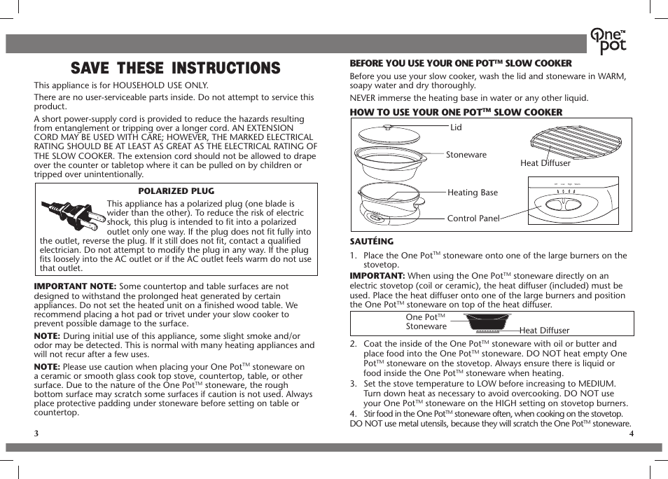 Save these instructions | Crock-Pot OnePot User Manual | Page 3 / 27