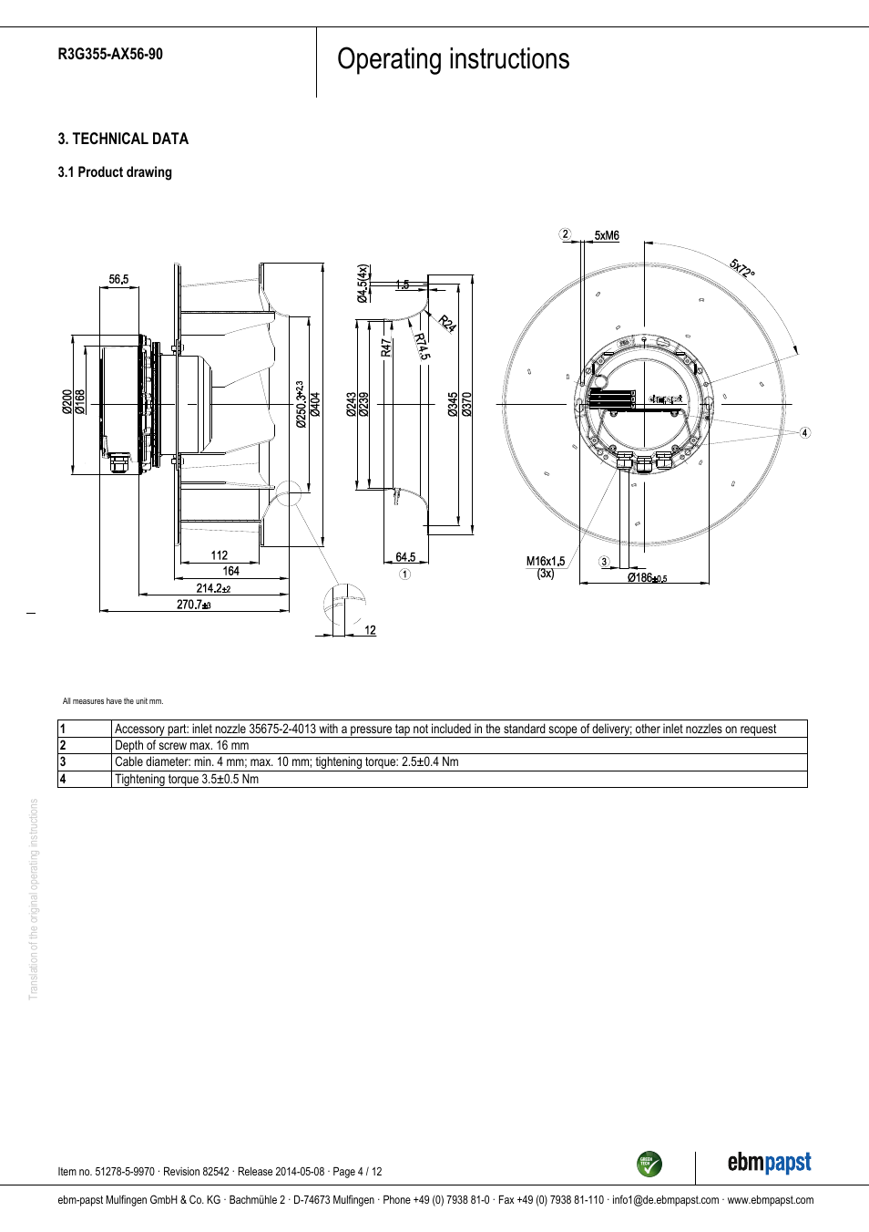 Operating instructions | ebm-papst R3G355-AX56-90 User Manual | Page 4 / 12
