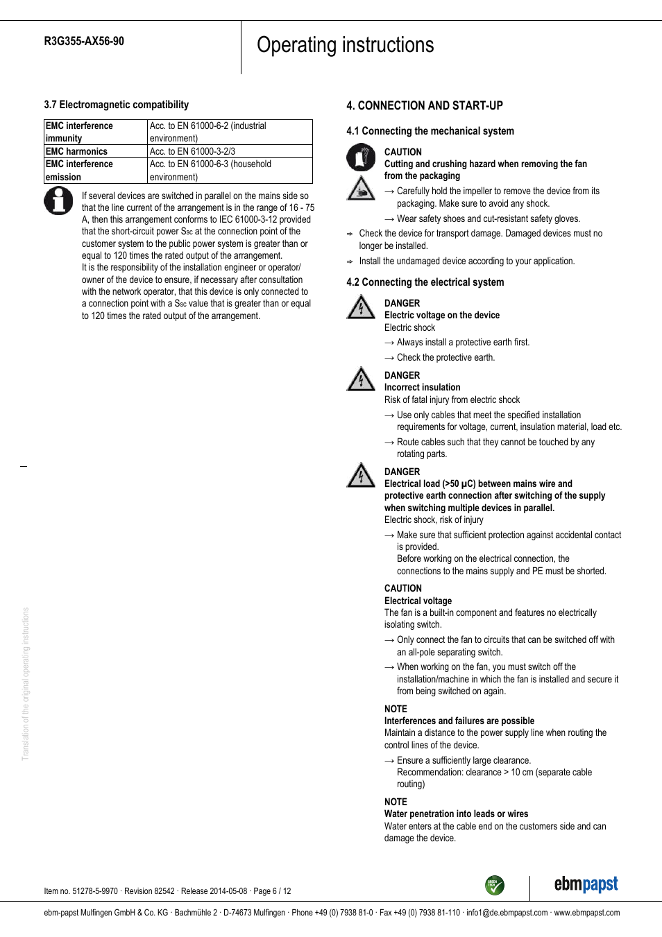 Operating instructions | ebm-papst R3G355-AX56-90 User Manual | Page 6 / 12
