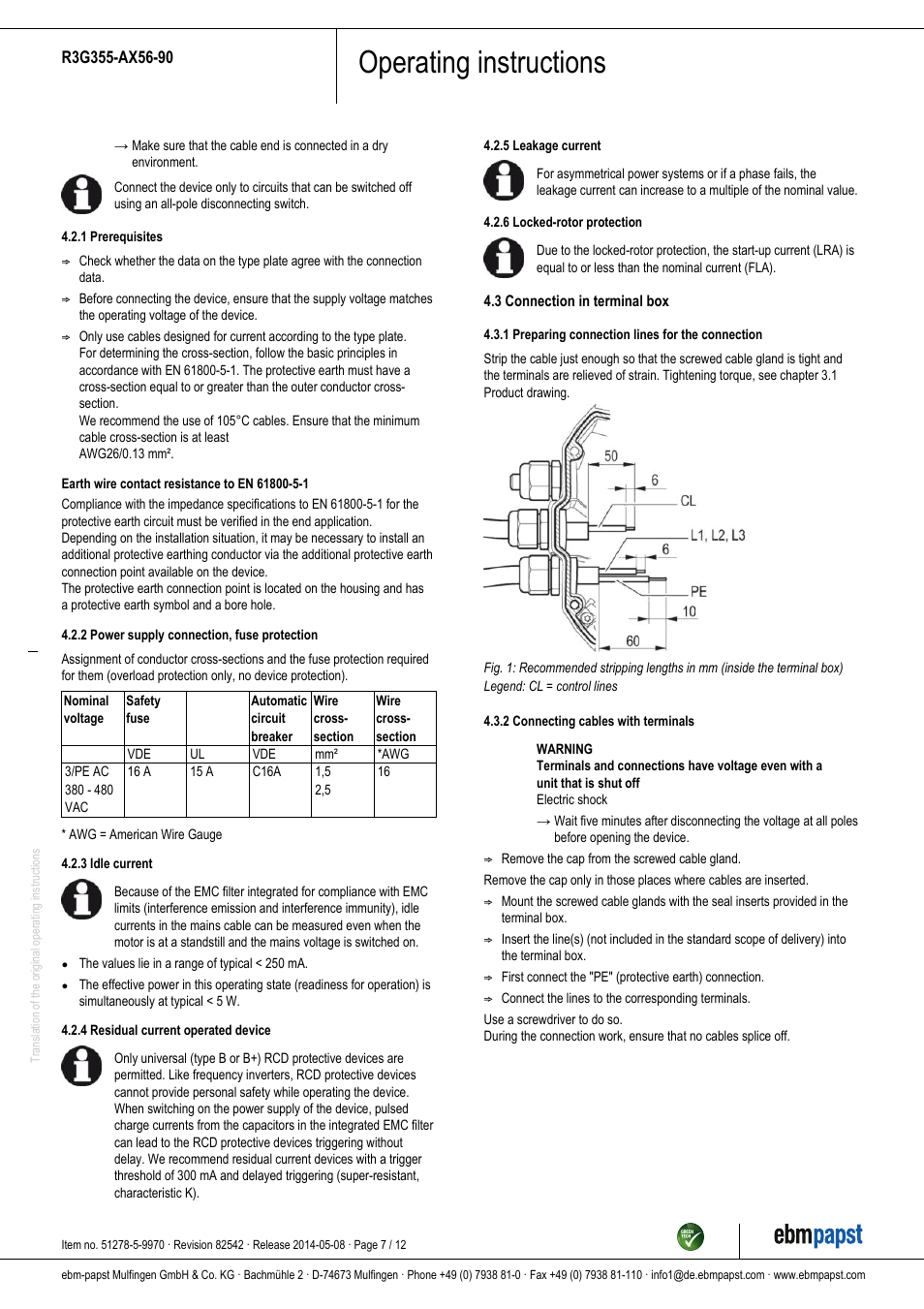 Operating instructions | ebm-papst R3G355-AX56-90 User Manual | Page 7 / 12