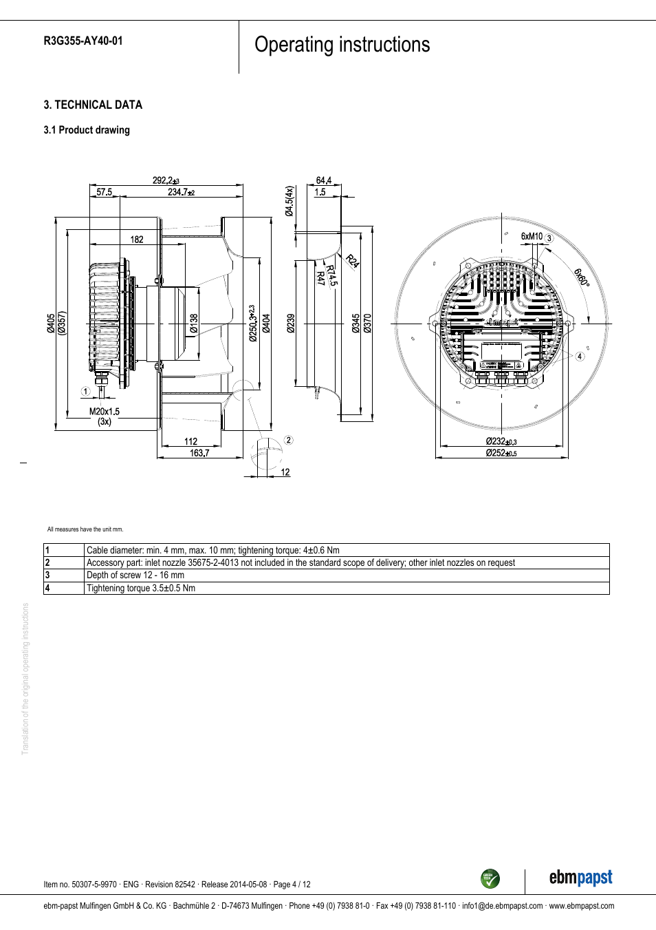 Operating instructions | ebm-papst R3G355-AY40-01 User Manual | Page 4 / 12
