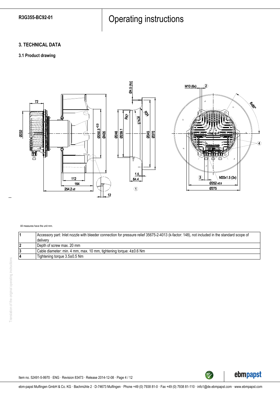 Operating instructions | ebm-papst R3G355-BC92-01 User Manual | Page 4 / 12