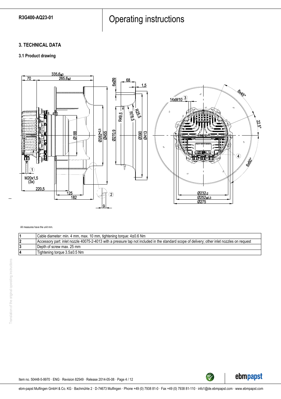 Operating instructions | ebm-papst R3G400-AQ23-01 User Manual | Page 4 / 12