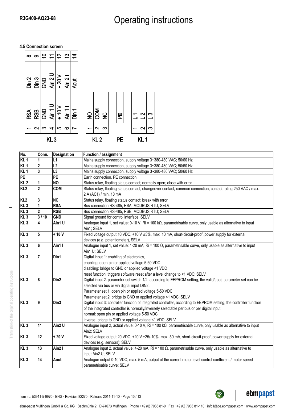 Operating instructions | ebm-papst R3G400-AQ23-68 User Manual | Page 10 / 13