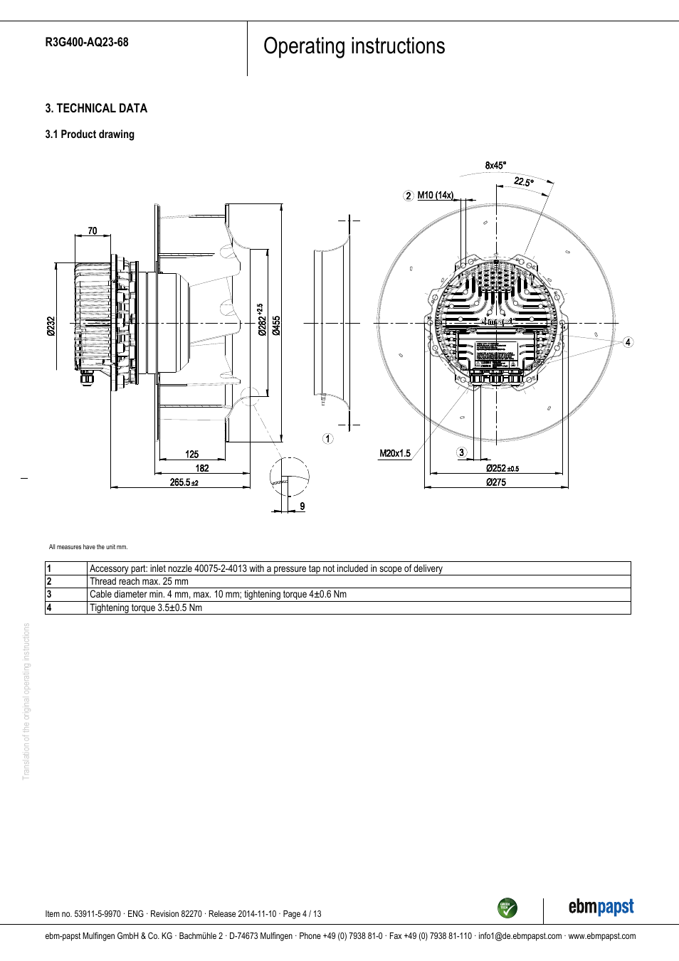 Operating instructions | ebm-papst R3G400-AQ23-68 User Manual | Page 4 / 13