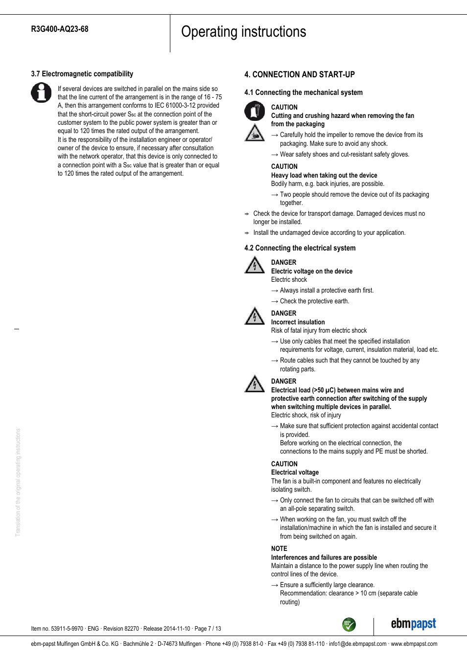 Operating instructions | ebm-papst R3G400-AQ23-68 User Manual | Page 7 / 13