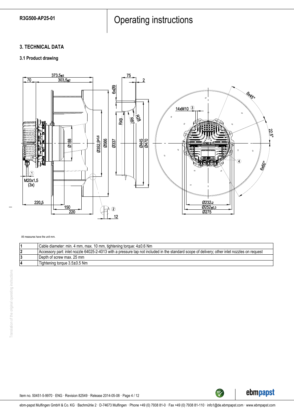 Operating instructions | ebm-papst R3G500-AP25-01 User Manual | Page 4 / 12