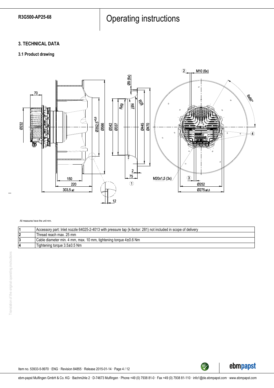 Operating instructions | ebm-papst R3G500-AP25-68 User Manual | Page 4 / 12