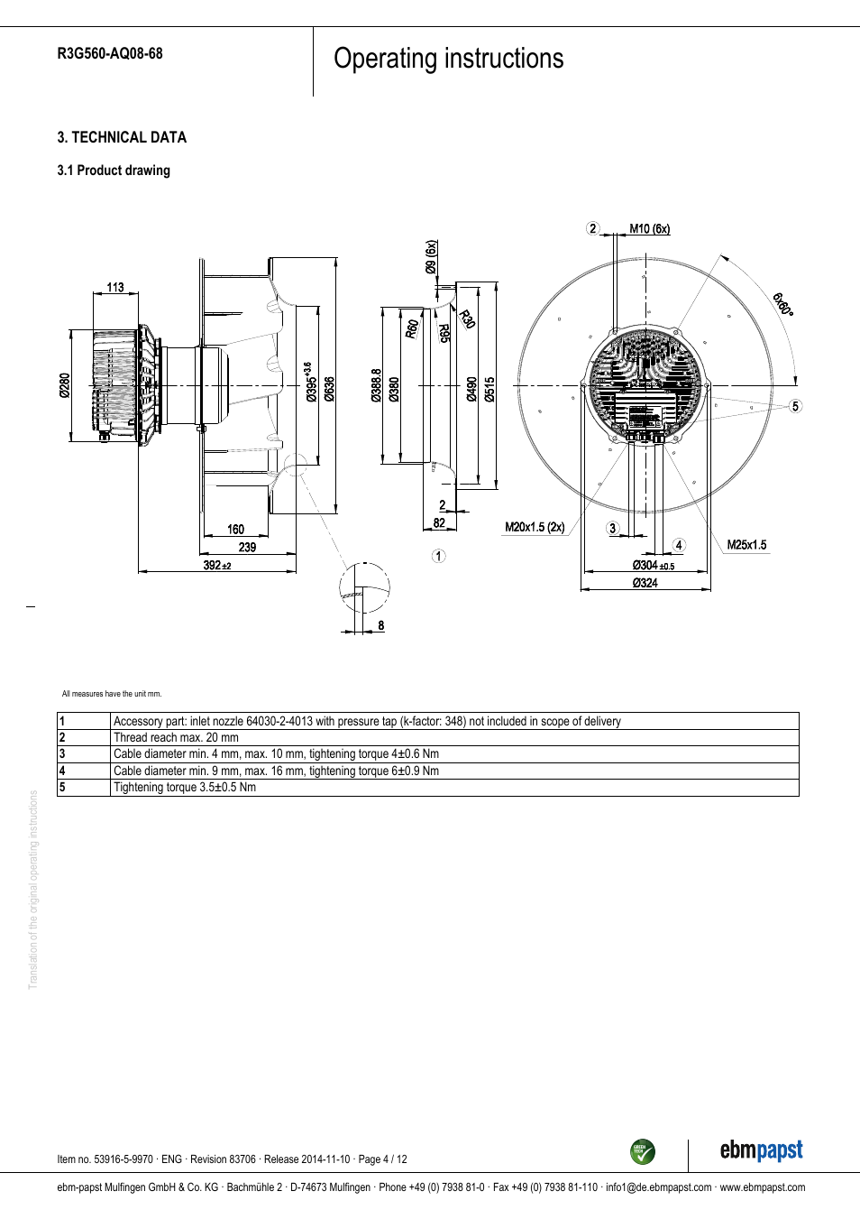 Operating instructions | ebm-papst R3G560-AQ08-68 User Manual | Page 4 / 12