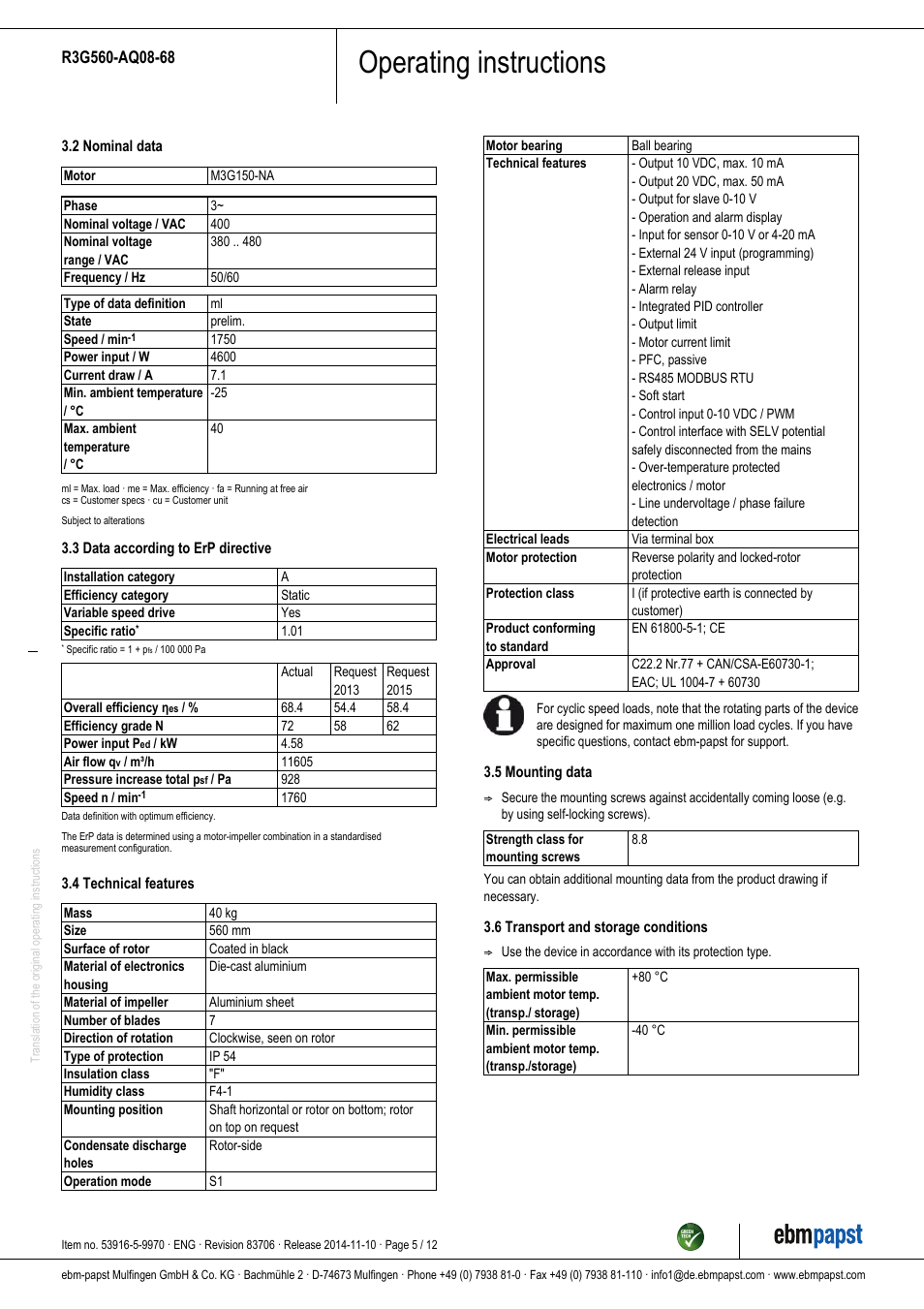 Operating instructions | ebm-papst R3G560-AQ08-68 User Manual | Page 5 / 12