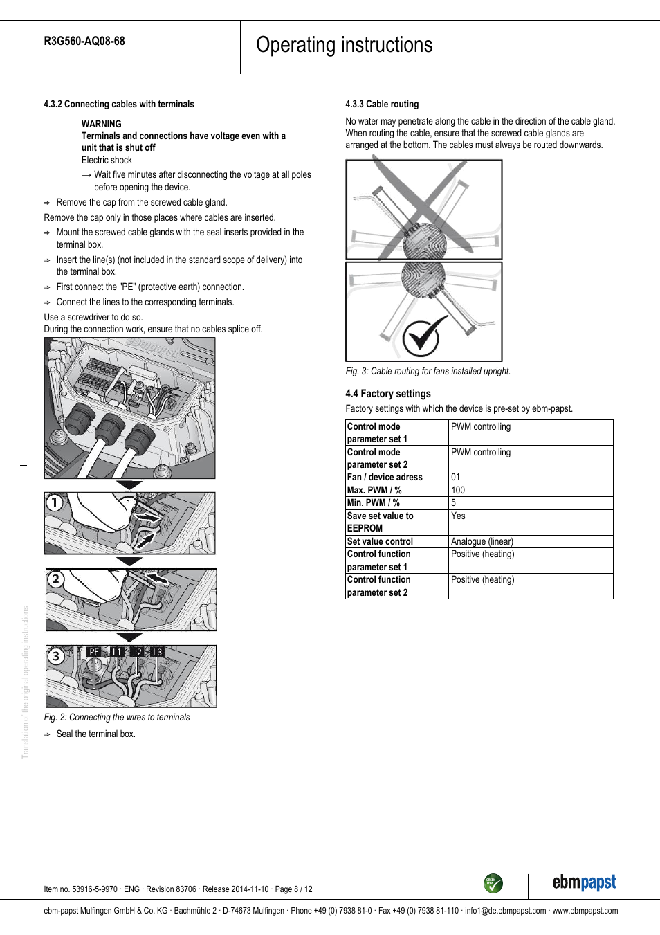 Operating instructions | ebm-papst R3G560-AQ08-68 User Manual | Page 8 / 12