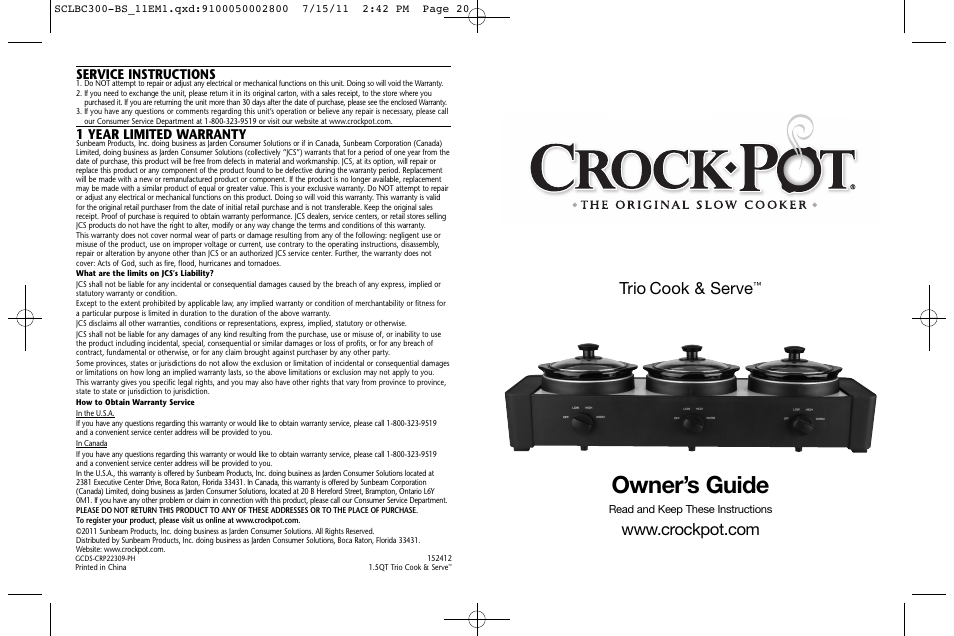 Crock-Pot Trio Cook & Serve User Manual | 10 pages