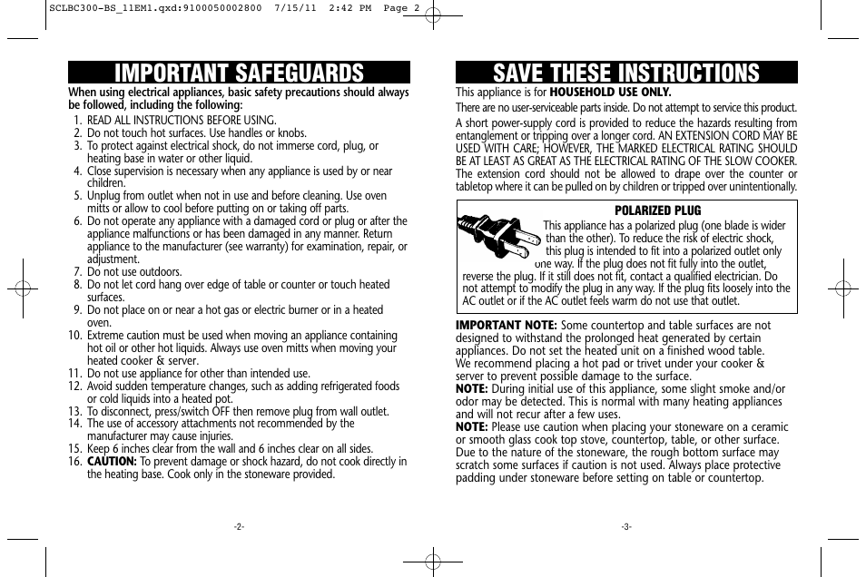 Save these instructions, Important safeguards | Crock-Pot Trio Cook & Serve User Manual | Page 2 / 10