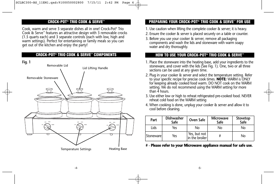 Crock-pot, Trio cook & serve, Components preparing your crock-pot | For use how to use your crock-pot, Fig. 1 | Crock-Pot Trio Cook & Serve User Manual | Page 3 / 10