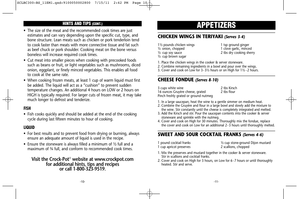 Appetizers, Chicken wings in teriyaki, Cheese fondue | Sweet and sour cocktail franks, Visit the crock-pot | Crock-Pot Trio Cook & Serve User Manual | Page 6 / 10