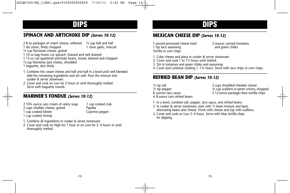 Dips, Mexican cheese dip, Refried bean dip | Spinach and artichoke dip, Mariner’s fondue | Crock-Pot Trio Cook & Serve User Manual | Page 7 / 10