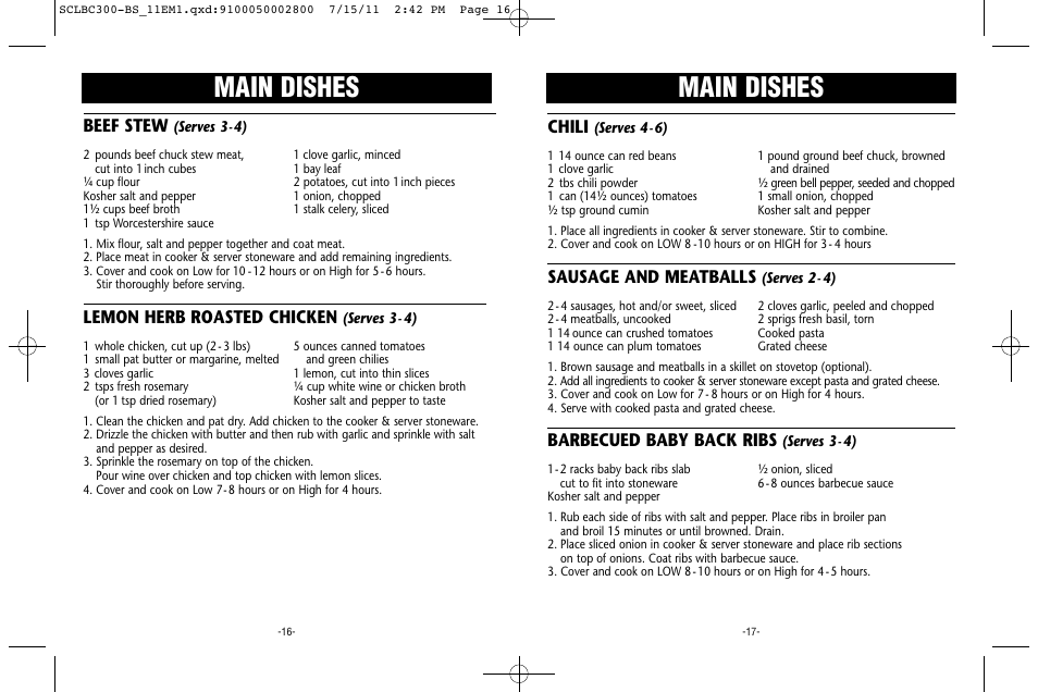 Main dishes, Chili, Sausage and meatballs | Barbecued baby back ribs, Beef stew, Lemon herb roasted chicken | Crock-Pot Trio Cook & Serve User Manual | Page 9 / 10