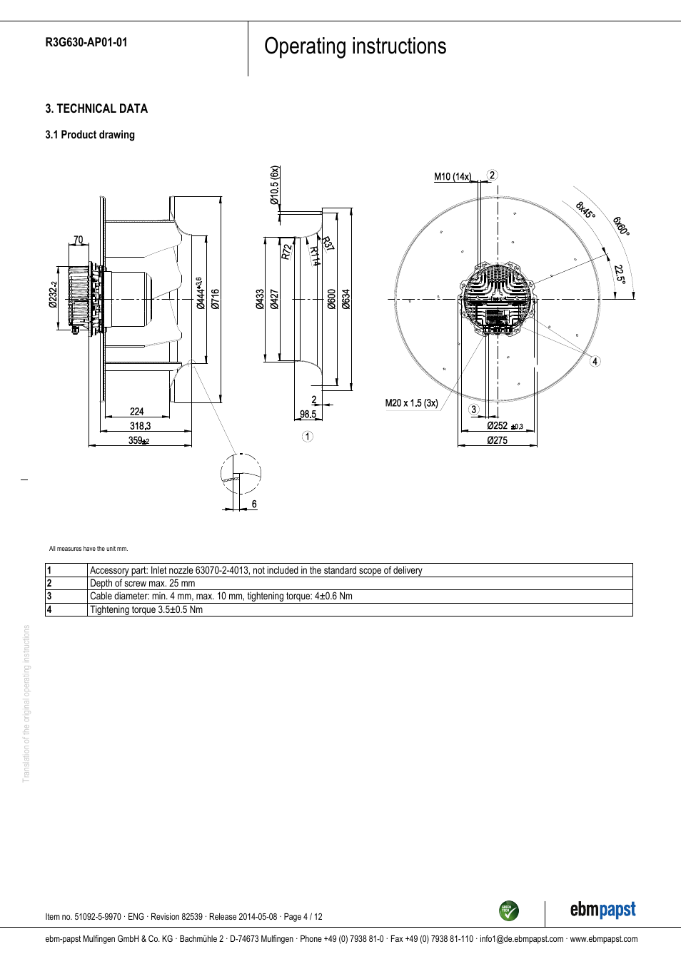 Operating instructions | ebm-papst R3G630-AP01-01 User Manual | Page 4 / 12