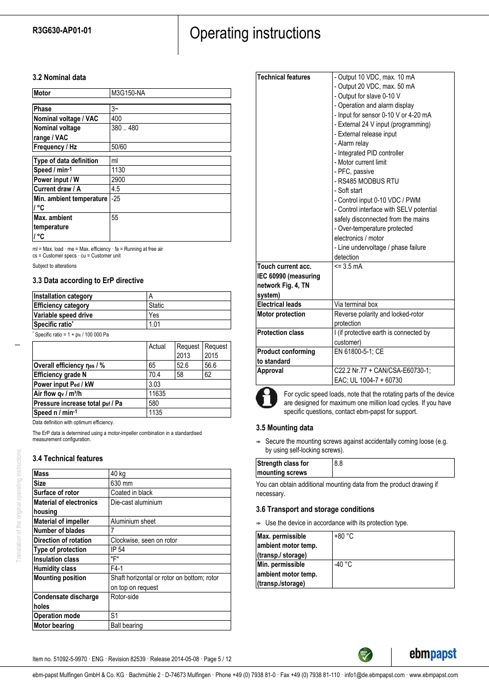 Operating instructions | ebm-papst R3G630-AP01-01 User Manual | Page 5 / 12
