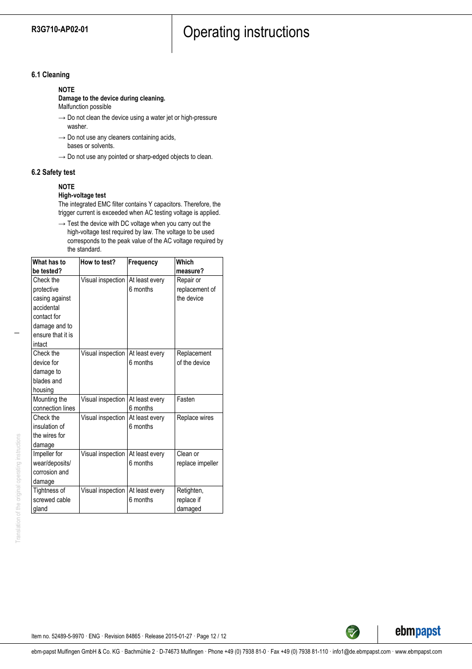 Operating instructions | ebm-papst R3G710-AP02-01 User Manual | Page 12 / 12