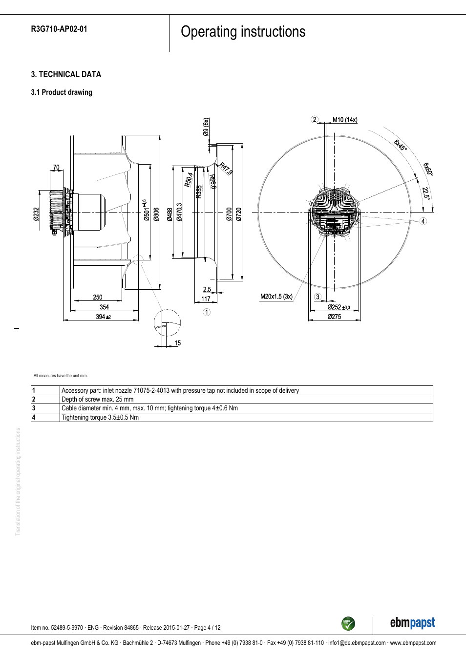 Operating instructions | ebm-papst R3G710-AP02-01 User Manual | Page 4 / 12