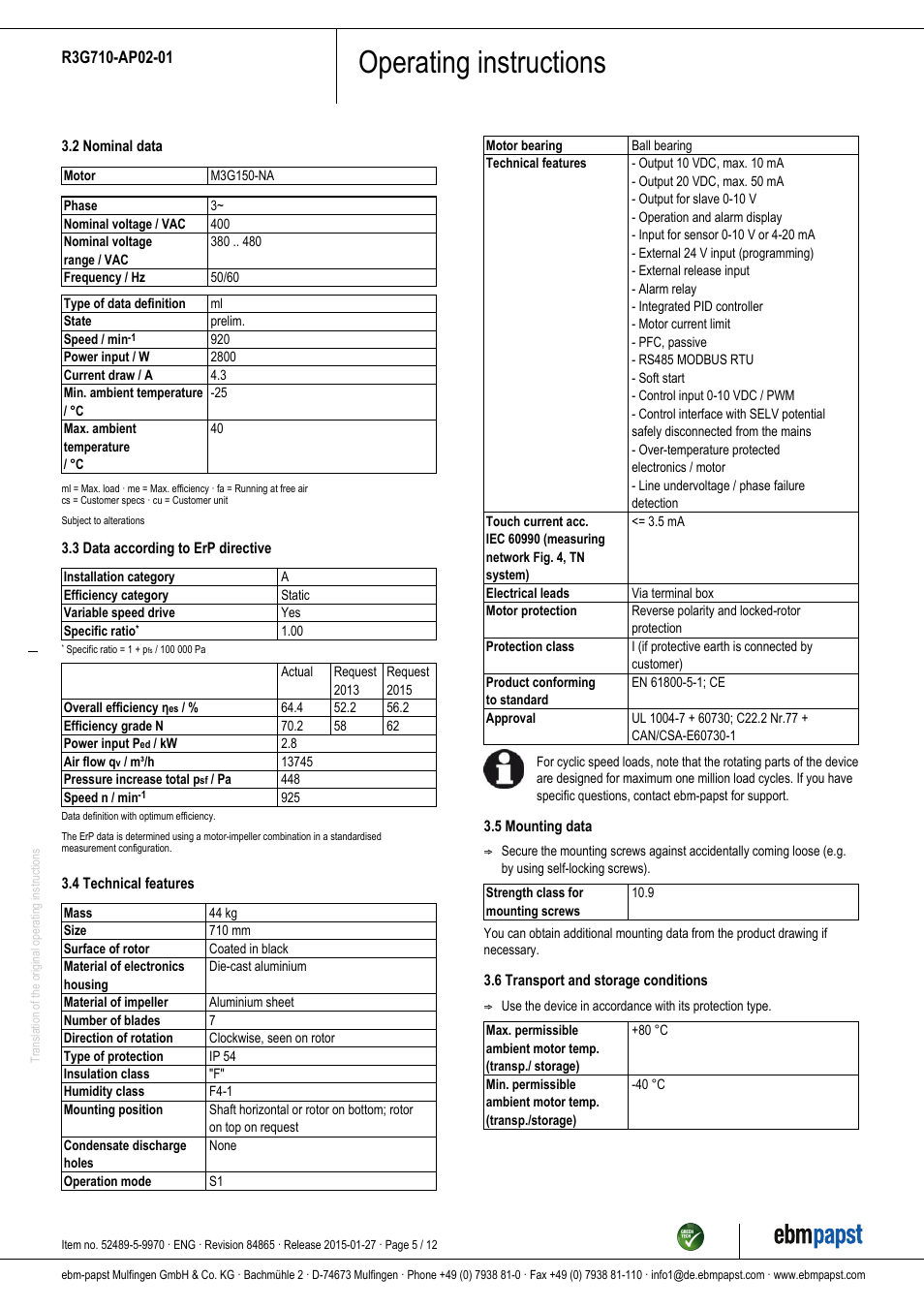 Operating instructions | ebm-papst R3G710-AP02-01 User Manual | Page 5 / 12