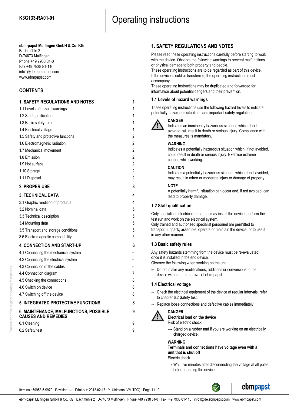 ebm-papst K3G133-RA01-01 User Manual | 10 pages